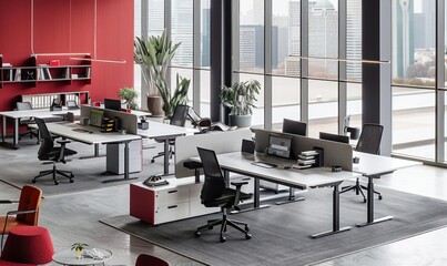 Dynamic office workspace with open-plan design, fostering collaboration and creativity