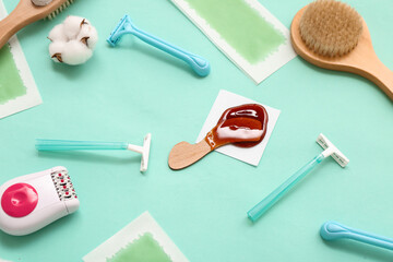 Different supplies for hair removal on turquoise background