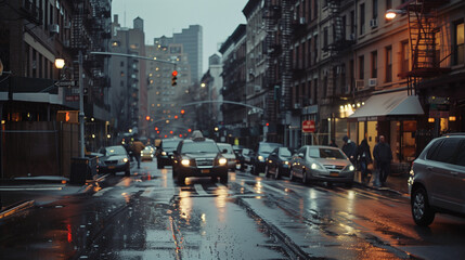 Rainy Day in Bustling New York City Street with Yellow Cabs