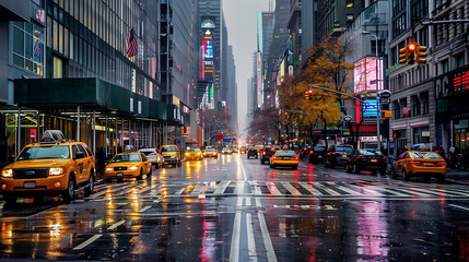 Rainy Day in Bustling New York City Street with Yellow Cabs - obrazy, fototapety, plakaty