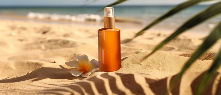 Amber sunscreen bottle by the sea foam on golden sand