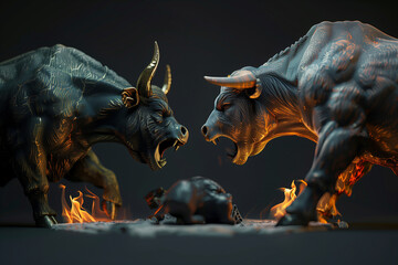 Bull and Bear Statues Facing Off in Dramatic Lighting - obrazy, fototapety, plakaty