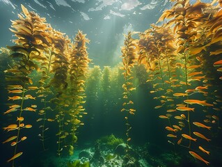 Generative AI : luscious green kelp forest underwater, vibrant exotic ocean reef - obrazy, fototapety, plakaty