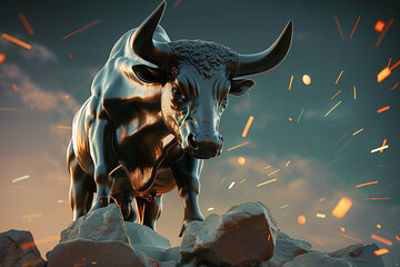 Bronze bull sculpture, strength symbol with dynamic sparks - Powered by Adobe