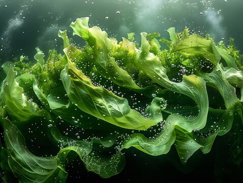 Generative AI : green seaweed ulva lactuca algae swing underwater with bubbles.