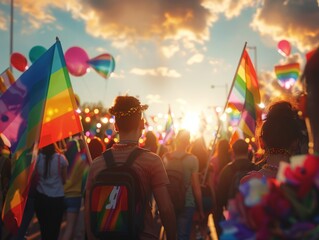 Energetic and colorful image of a pride parade showcasing a diverse group of people celebrating love and freedom under a fiery sunset