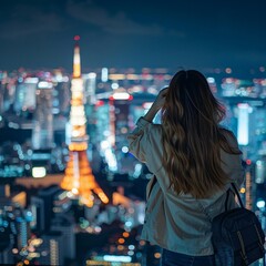 View from the back of tourist girl taking pictures in Japan