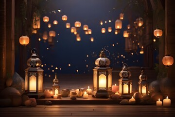 Fototapeta na wymiar Design an enchanting background illuminated by the warm glow of lanterns, evoking the atmosphere of Ramadan nights filled with prayer, reflection, and community.