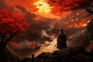 Fierce Samurai fire war. Orange energy. Fictional person. Generate Ai
