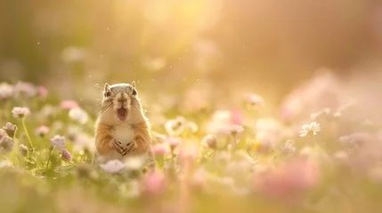 Deurstickers Generative AI : Small and lovely ground squirrel on a meadow among flowers during warm spring sunset.  © The Little Hut