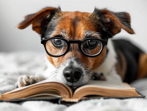 Generative AI : jack russell dog reading a book with nerd glasses, looking smart and intelligent, isolated on white background