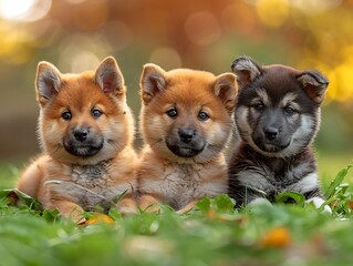 Generative AI : Four Akita Inu puppy dogs on green grass