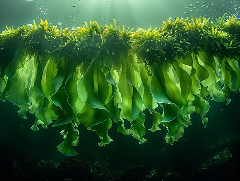 Generative AI : green seaweed ulva lactuca algae swing underwater with bubbles.