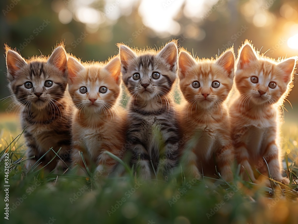 Poster generative ai : group of five little kittens sitting on the grass
