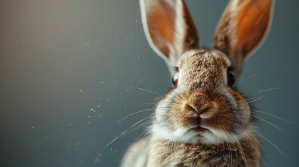 A detailed view of a rabbits face with a blurred background, showcasing the intricate features of the animal.