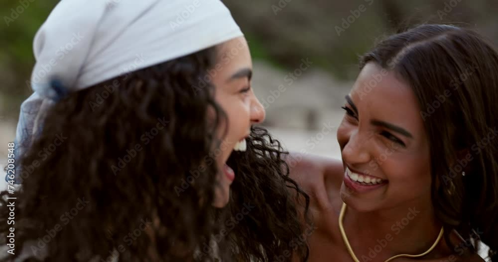 Sticker Lesbian women at beach, happy couple hug and laugh, freedom and adventure outdoor with love and trust. Interracial lgbt relationship, pride and fun together on date with support and care in nature