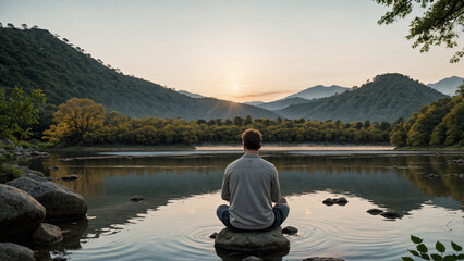 Man meditating on the shore of a quiet lake, the sun is about to rise - obrazy, fototapety, plakaty