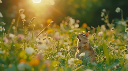 Foto op Plexiglas anti-reflex Generative AI : Small and lovely ground squirrel on a meadow among flowers during warm spring sunset.  © The Little Hut