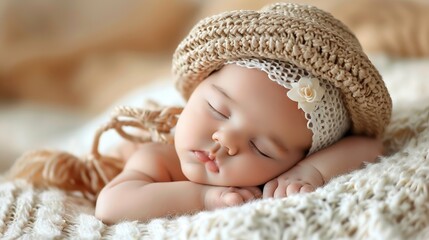 Fototapeta na wymiar Generative AI : Close up of cute newborn baby sleeping in a bright room