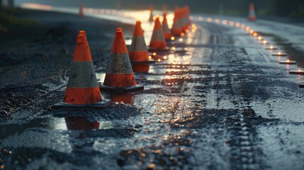 Construction cones marking part of road. - obrazy, fototapety, plakaty