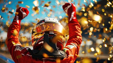 Formula one racing team driver celebrating victory on sports track with gold confetti.