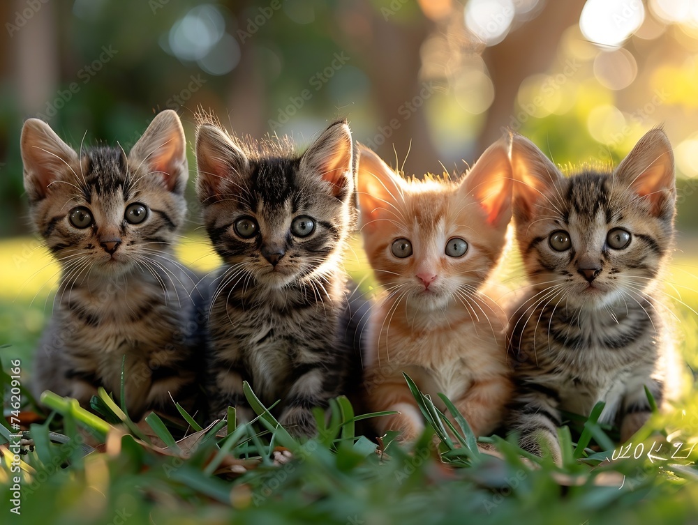 Aufkleber generative ai : group of five little kittens sitting on the grass