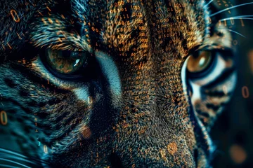 Fotobehang A chilling portrayal of cybersecurity in the modern world, with intricate digital patterns resembling the eyes of a lynx watching from the darkness © Wonderful Studio