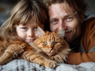 Generative AI : Happy family with cute cat resting at home