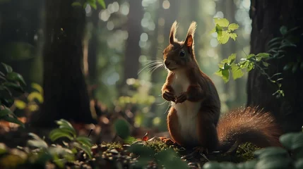 Fotobehang Generative AI : Funny red squirrell standing in the forest © The Little Hut