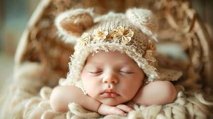 Fototapeta na wymiar Generative AI : Peaceful baby lying on a bed while sleeping in a bright room