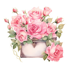 Ethereal Watercolor FrameIsolated Pink Roses and Greenery