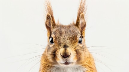Generative AI : Portrait of eurasian red squirrel in front of a white background