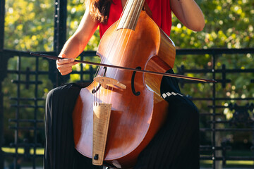 Cropped shot of an unrecognizable woman playing the cello outdoors