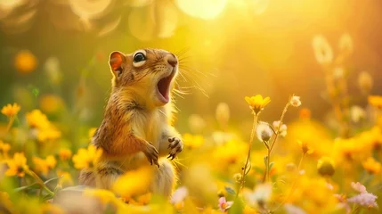  Generative AI : close up Small and lovely ground squirrel on a meadow among flowers during warm spring sunset.  © The Little Hut