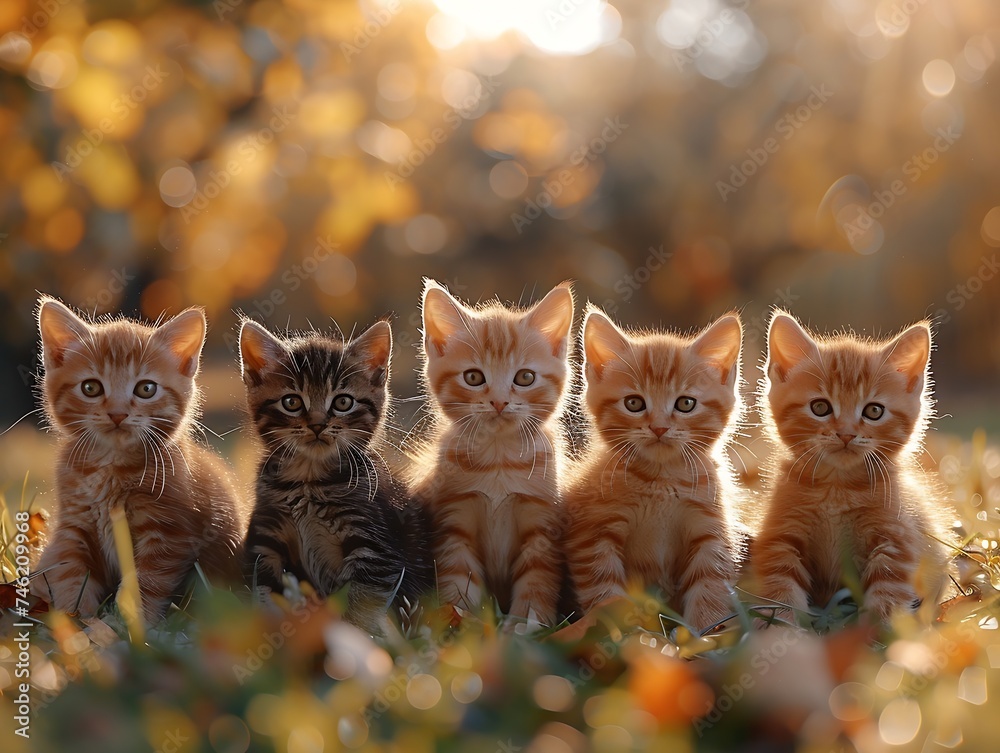 Poster generative ai : group of five little kittens sitting on the grass