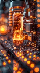 A detailed view of a glass jar placed on a circuit board, showcasing a contrast between the organic and technological elements.