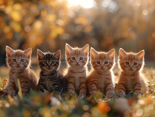 Generative AI : Group of five little kittens sitting on the grass