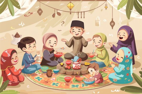 Cartoon cute doodles of characters visiting relatives and friends to share warm Eid wishes and blessings in person, Generative AI