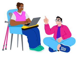 Girl with crutches and boy with a hearing aid studying