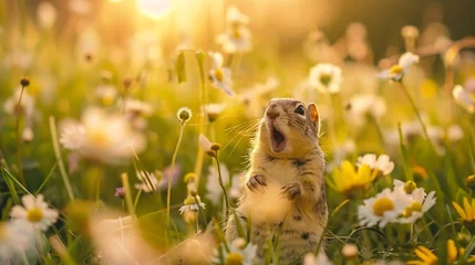 Tuinposter Generative AI : Small and lovely ground squirrel on a meadow among flowers during warm spring sunset.  © The Little Hut