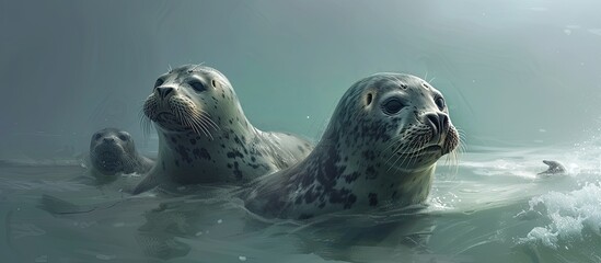 A couple of seals, part of the seal sanctuary in Hel, Polands sea, gracefully glide through the water, their sleek bodies diving and surfacing as they explore their marine environment.