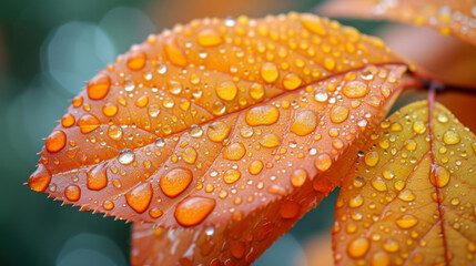 Closeup of a vibrant orange leaf its surface adorned with tiny water droplets from a recent rain shower.