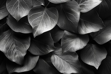A close-up shot of a collection of black and white leaves tightly grouped together.