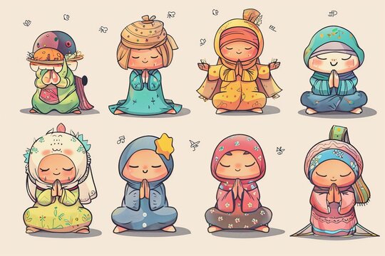 Cartoon cute doodles of characters performing the traditional Eid al-Fitr prayer, with smiles on their faces and hearts full of gratitude, Generative AI