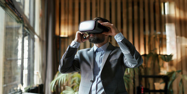 A businessman using a virtual reality headset for a business presentation realistic photography