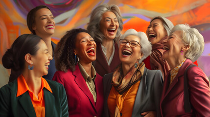 A group of seven senior women of various ages, body skin colors, and nationalities are laughing and enjoying together. Old white, black and Asian women are having a good time. Colorful background. - obrazy, fototapety, plakaty