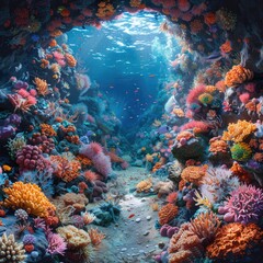 Naklejka na ściany i meble Detailed 3D render of a busy coral reef showcasing diverse marine life such as fish, corals, and anemones.