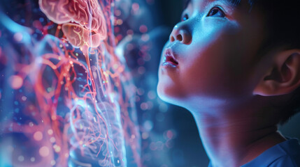 A child looking up in awe at a virtual representation of the human body as they learn about anatomy and how their body works. - obrazy, fototapety, plakaty