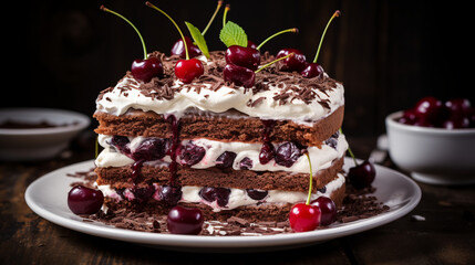 Gourmet Indulgence: Luxurious Black Forest Cake, Chocolate, Cream, and Cherry Delight in Every Bite