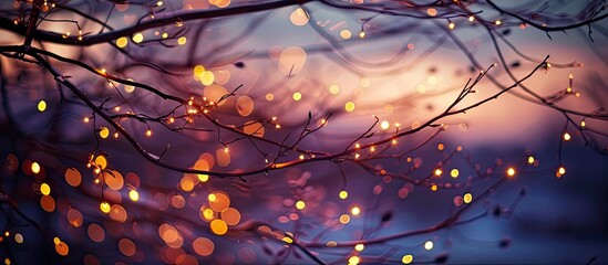 During the dusk, a tree is adorned with glowing fairy lights, creating a magical and enchanting atmosphere. The lights sparkle and illuminate the branches, adding a touch of whimsy to the scene.